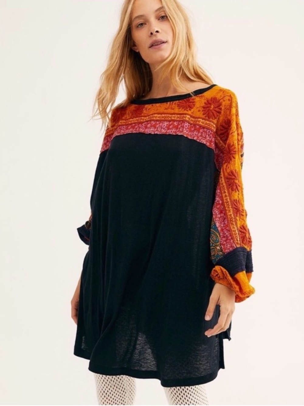 Free People Tripoli Balloon Sleeve Tunic Embroidered Frayed Boho Yoke - Small